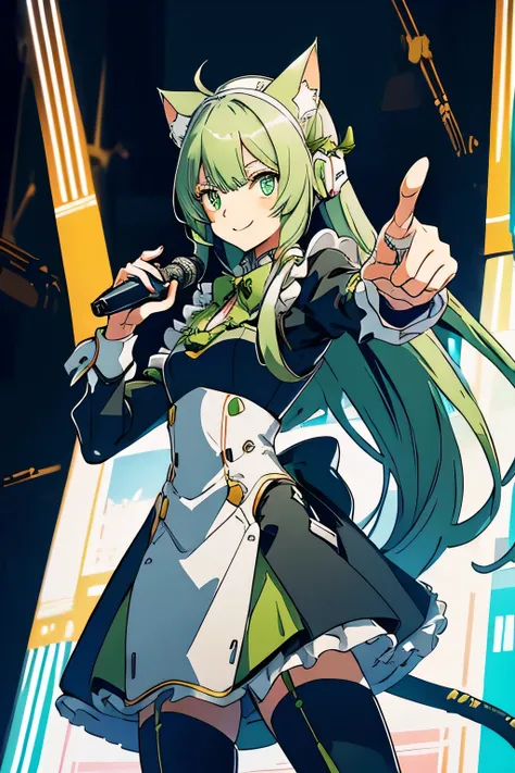 1 Cat-eared maid wearing a mecha suit, Slender fuselage,shining eyes, ((cool pointing pose)),((I have a karaoke microphone)),camouflage, green and white body,((cat ears long hair)),battlefield concept art ,ink art, flat color, high contrast, fashion absurd...