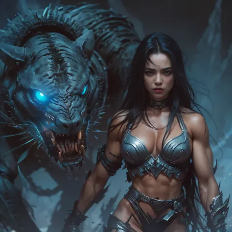 1 female alien, The predator, warrior, (extremely beautiful:1.2), (intense gaze:1.4), (predator:1.1), long dark claws, NSFW,  nipples, thick eyebrows, glowing and shining sky blue eyes, the most beautiful face in the universe, black hair,

A woman with an ...