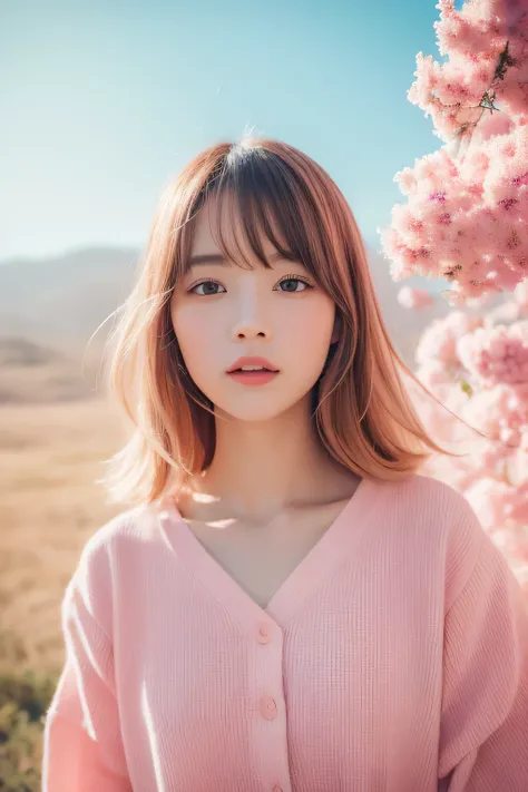 Dried flower、beautiful japanese girl。Creates a high-quality feminine image with an innovative artistic atmosphere that stands out in pastel colors。she has her own fashion style、Wearing bright and soft pastel colored outfits。Against the backdrop of a fantas...