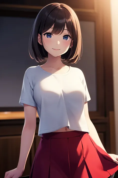 highest quality, detailed face, 1 girl, middle chest, smile, casual clothes, skirt, excellent anatomy, looking at the viewer, soft focus, cinematic lighting, Depth of the bounds written, happy expression