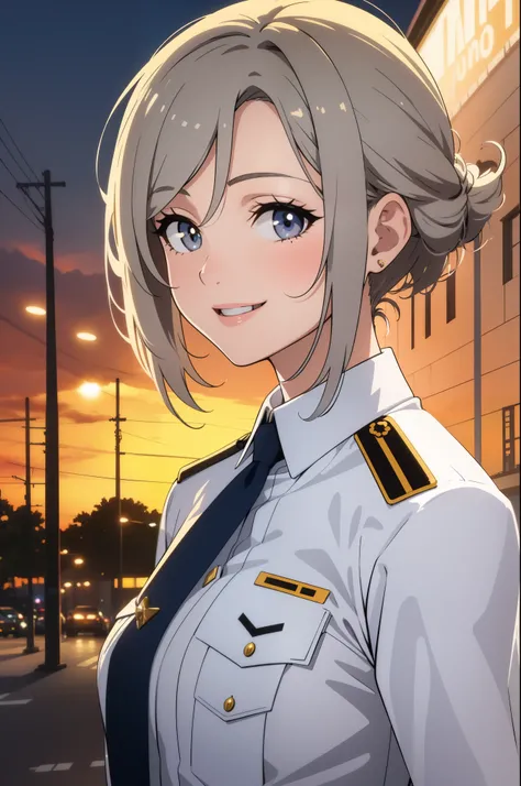 realistic, Golden hour lighting, police costume, (Upper body), (Charming: 1), (alternative hair style:1.2),(gray hair color), ((Puffy eyes)), Facing forward, Smiling, Laughing,Middle chest, wink