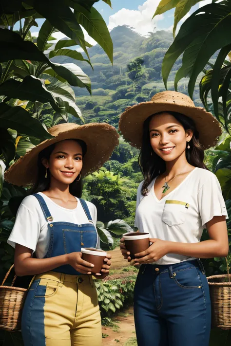 A captivating tableau painting of Local Brazilians, proudly engaged in the traditional process of coffee harvesting upon a lush, vibrant plantation. Their radiant smiles and sun-kissed features shine against the backdrop of rich, verdant foliage. The women...