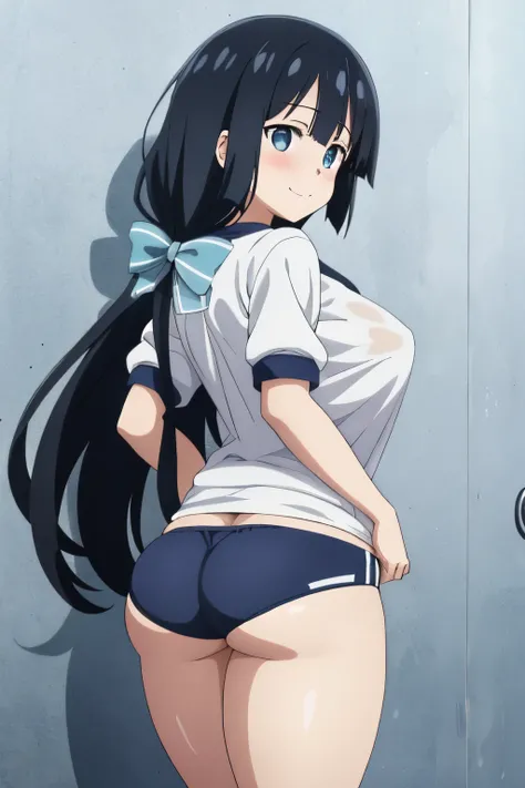 Tougou_mimori, 1girl, 13years old, long hair, bow, light blue eyes, black hair, ribbon, perfect anatomy, big ass, gigantic breasts, (navy blue buruma), gym clothes, see-through white shirt, posed photo, wide-angle photo, naughty smile, embarrassed look, an...