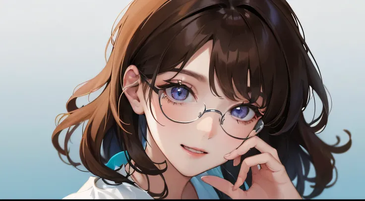 (((1 woman)))、(highest resolution、clear_image)、(((greeting))), (((white shirt)))、((five fingered hand)))、Glasses、best quality、((perm hair)),、contrast of light and shadow、Light blue gradient background、((illumination))、very detailed、semi-realistic、brown hai...