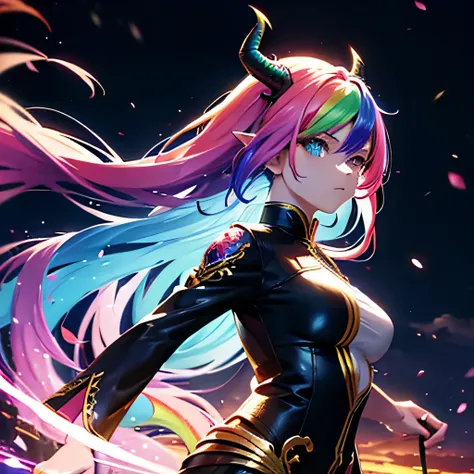 An anime female human with rainbow hair, rainbow eyes, dragon horns, and a dragon tail. (best quality, realistic:1.37), vibrant colors, detailed facial features, flowing hair, dynamic pose, fantasy art style, glowing rainbow aura