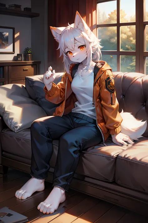 living room，Full body female love,teen wolf,number,masterpiece，Orange down jacket,hairy tail,Highest image quality,8k,Full HD backgrounds，cartoon style，charming，Komono、Pants，male，stuffed toys，hairy，white fur，white body，white ears，orange eyes，the only perso...