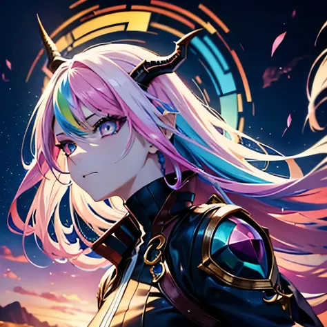 An anime female human with rainbow hair, rainbow eyes, dragon horns, and a dragon tail. (best quality, realistic:1.37), vibrant colors, detailed facial features, flowing hair, dynamic pose, fantasy art style, glowing rainbow aura