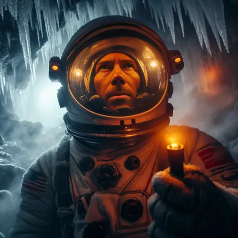 a man in a space suit holding a lit candle in front of a cave, from a 2 0 1 9 sci fi 8 k movie, 8 k movie still, beeple and mike winkelmann, beeple and tim hildebrandt, fantasy and cosmic horror movie, astronaut below, an astronaut lost in the ocean, beepl...