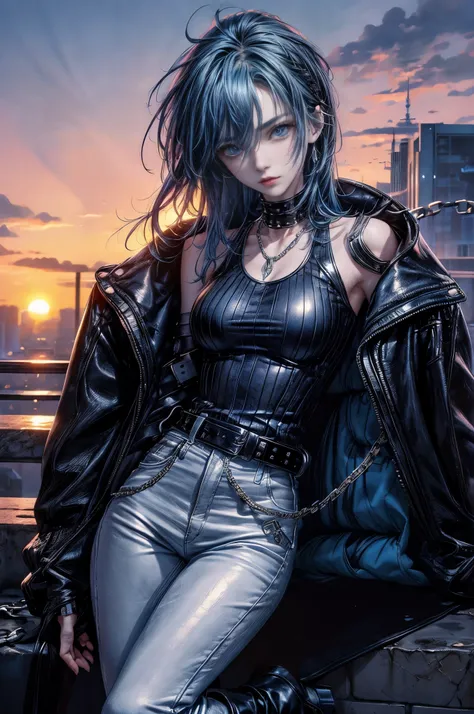 cinematic lighting、highest quality,cyberpunk world、1 female、(20 year old beautiful woman、Detailed beautiful facial features、medium hairの青髪、shoulder length hair、messy hair、blue eyes:1.4)break,medium hair、（Bright blue hair:1.5）
BREAK
((dark leather rebellion...