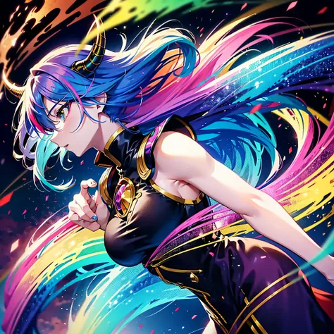 An anime female human with rainbow hair, rainbow eyes, dragon horns, and a dragon tail. (best quality, realistic:1.37), vibrant colors, detailed facial features, flowing hair, dynamic pose, fantasy art style, glowing rainbow aura, profile, shot hairs, hand...