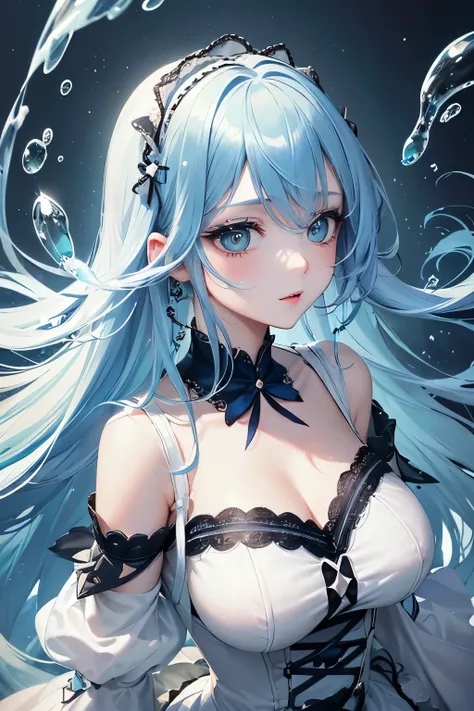 1girl,sense of deps,disorganized,catch light,super beautiful illustrations,(blue hair,long hairstyles:1.3),eye shadow,(white clothes,gothic lolita),Upper body,;D,beautiful and delicate flowing hair,(Delicate and detailed green eyes),emphasized chest,big br...