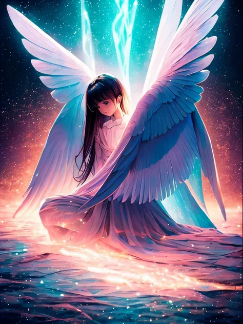 He had a delicate face、image of a weak woman、I sit curled up hugging my legs.。Angel wings grow from the back.、symbolize the idea of liberation。the image is colorful、There is a context of light surrounding it.、emphasizes a sense of delicacy and hope。I can s...