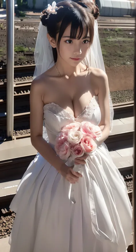 (((Pixel perfect, Perfect details))), alone, 1 girl, yuigahama yui,  Close-up of beautiful bride wearing beautiful wedding dress,Gurwitz, (bridal veil:1.5），（transparent short veil：1.5），blush，eye shadow，Blushing face，Head flower，headgear，bouquet，（tube top w...