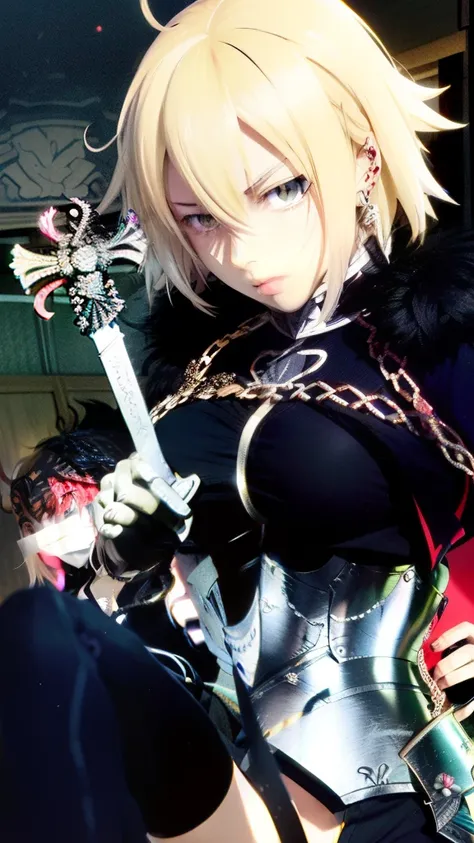 anime character with sword and chain around neck, artoria pendragon, anime style like fate/stay night, marisa kirisame, fate / stay night, fate zero, she is holding a sword, fate stay night, holding a sword on her shoulder, but the armor covers her face, s...