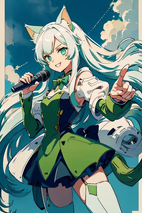 1 Cat-eared maid wearing a mecha suit, Slender fuselage,shining eyes, ((cool pointing pose)),((I have a karaoke microphone)),camouflage, green and white body,((cat ears long hair)),battlefield concept art ,ink art, flat color, high contrast, fashion absurd...