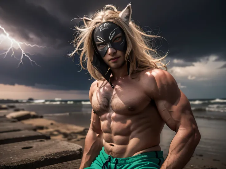 beautiful feces, bright pictures, sunlight, 8k, ((RAW image quality:1.4)), masterpiece, highest quality, (1 male), Black Fox Mask:1.2, A man wearing a fox mask on his face:1.5, 35 year old male, blonde long hair, bodybuilder:1.4, There is a large tatu in t...