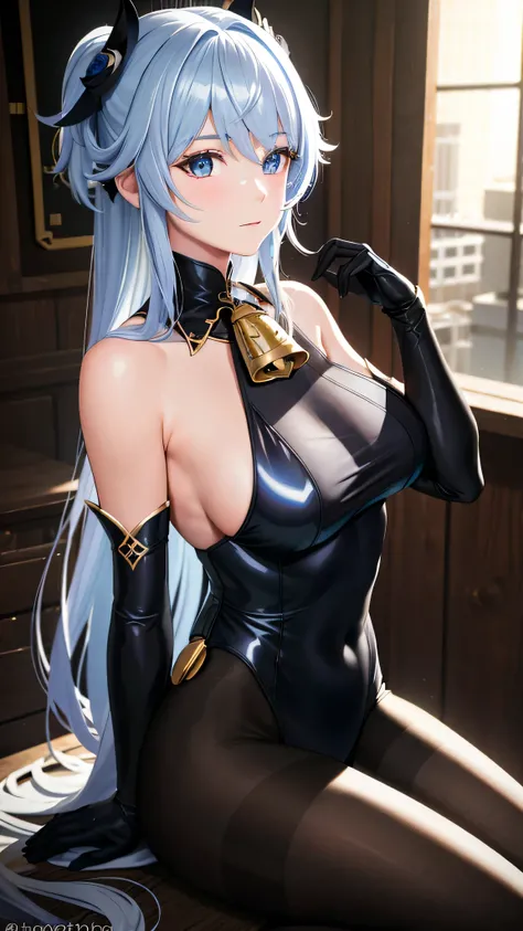 (photoactual:1.4), (masterpiece, Side light, Exquisite and beautiful eyes: 1.2), masterpiece*portrait, actual, 3d face, 
employment (Genshin Impact), 1 girl, Alcohol, architecture, Bangs, bare shoulders, bell, black Gloves, black pantyhose, (blue hair), bl...