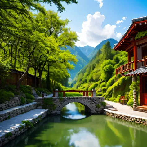 This intoxicating AI picture、transports us to a wonderland-like scene，It seemed like the perfect vacation destination full of stories。The painting shows an idyllic landscape，A pristine, rustic wooden fence surrounds this peaceful location。An ancient stone ...