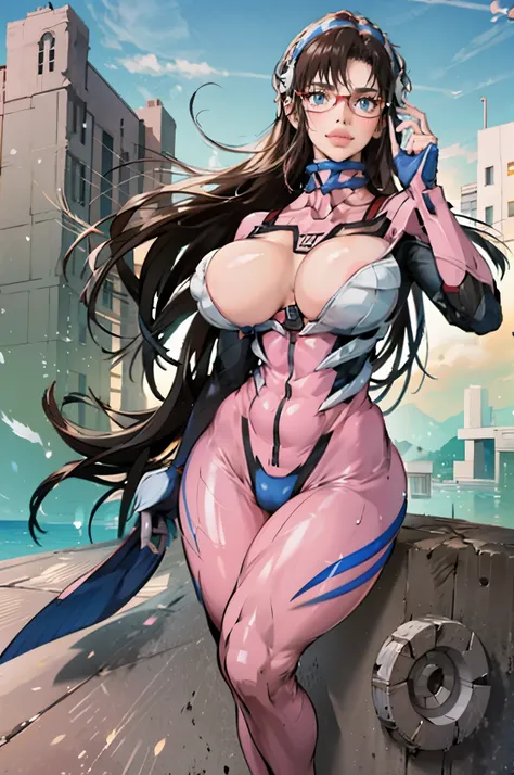 1girls big breasts blue eyes bodysuit breasts clothing curvaceous curvy figure eye contact female glasses heart huge breasts large breasts long hair looking at viewer plugsuit seductive smile solo standing thick thighs thighs voluptuous wide hips