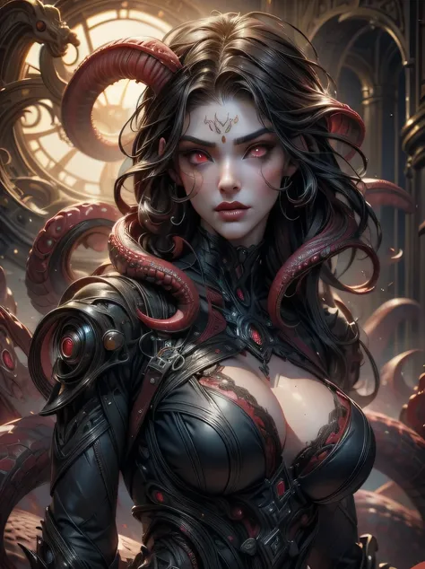((masterpiece、highest quality、Super detailed、High resolution、realistic、sharp focus、cinematic lighting))、Beautiful female alien from the world of Lovecraft、cowboy shot、dark atmosphere、Seductive red eyes、Sexy Alien、multiple hands、(Lots of blue tentacles)、Ext...