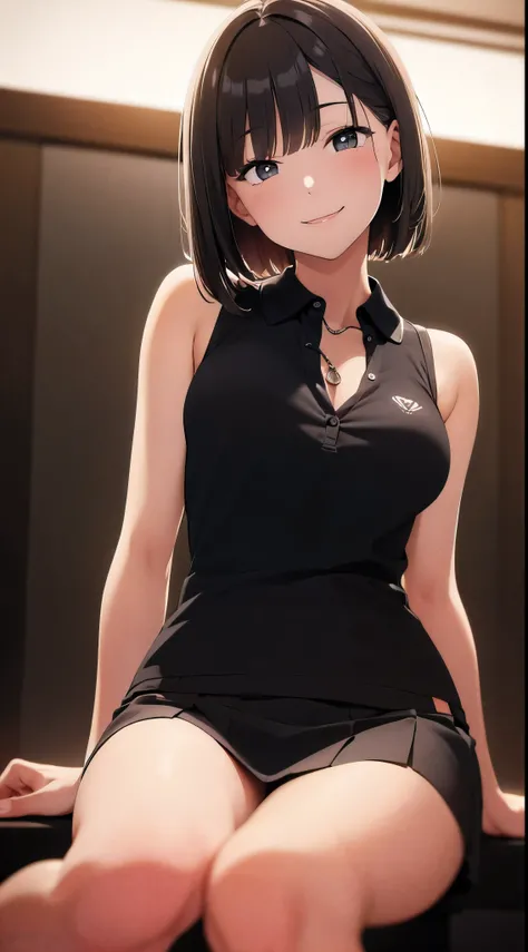 highest quality, detailed face, 1 girl, middle chest, smile, black polo shirt, gray mini skirt, excellent anatomy, looking at the viewer, soft focus, cinematic lighting, Depth of the bounds written, happy expression, middle hair, barefoot,