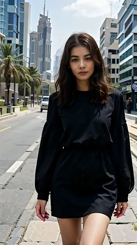 image of a girl in Dubai street walking on the road real girl focused eye, model black and brown colour short crop dress, masterpiece, full body view, black long hair, masterpiece, purple color dress