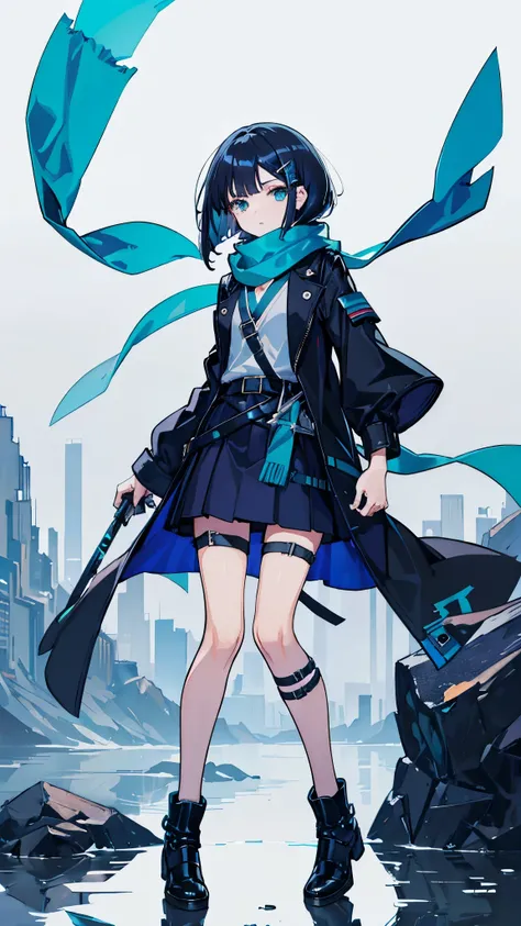 simple background,bob cut,Black blue hair,aqua_eyes,wind coat,skirt,scarf, leg belt, arm strap, hairclip, ,,全身图