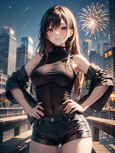 highest quality、complete limbs、Refers to the whole、1 beautiful woman、beautiful big breasted woman:1.3、brown haired woman、big smile、middle parted hairstyle:1.3、straight hair woman、(((black high neck sleeveless top:1.3)))、white shorts、((firework会場))、riverbed...