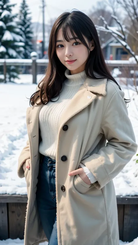 Best-quality, Masterpiece, Ultra-High-Resolution, (Photorealistic:1.4), Raw-Photo, 1girl, the most famous Japanese idol, wearing winter-coat, hands on hip, innocent-smile, extremely beautiful skins, extremely beautiful big-eyes, extremely beautiful hair, e...