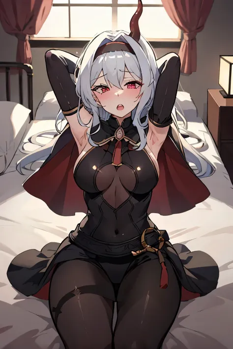 best quality, masterpiece, 1girl, prisc, hair bow, hairband, dress, elbow sleeve, capelet, demon horn, pantyhose, bedroom background, laying in a bed, ahegao face, armpit, embarased