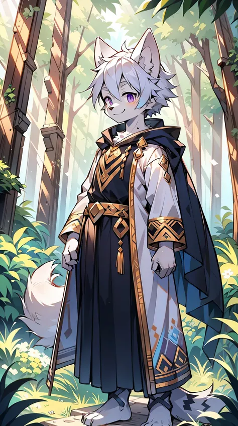 The male wolf is 180 cm tall，blue-purple eyes, short, silver hair，end,  The upper body shows off the perfect figure，black and gold clothes，With a smile，two small ears，Fair-skinned standing ，in the woods