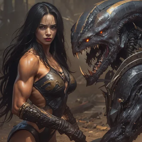 1 female alien, The predator, warrior, (extremely beautiful:1.2), (intense gaze:1.4), (predator:1.1), long dark claws, NSFW,  nipples, thick eyebrows, glowing and shining golden eyes, the most beautiful face in the universe, black hair,

A woman with an ex...