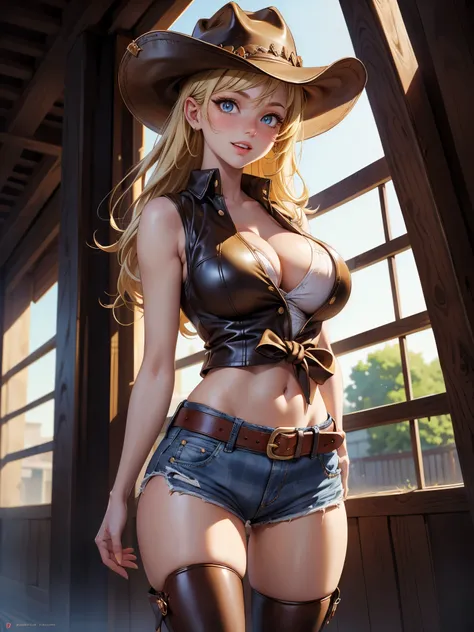 (((cowgirl costume))),(((wear a low waist denim shorts and a long western boots))),(((wear a Western Hat))),(((wearing a leather belt))),(((wearing a leather vest and a plaid front-knot shirt))),(((Show cleavage))),(((bare inner thigh))),(((bare side breas...