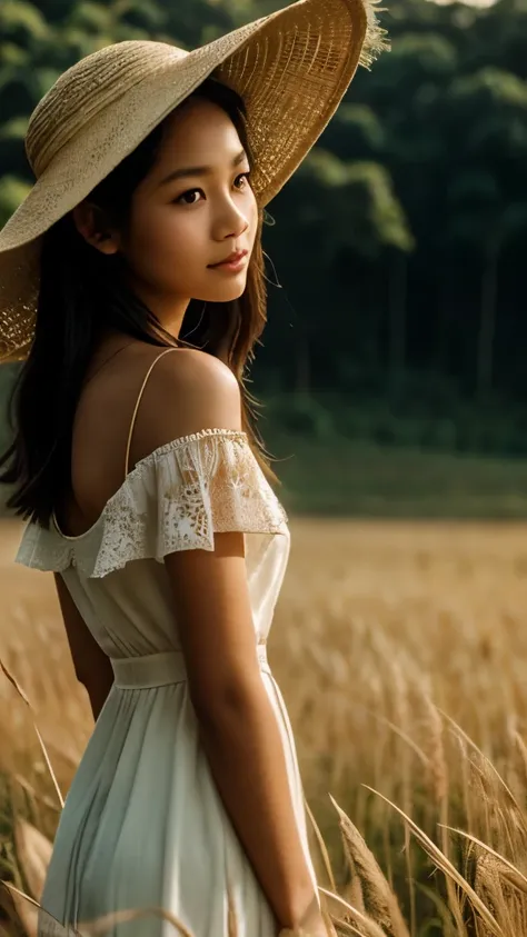 An enchanting Indonesian girl stands gracefully on a vast expanse of tall golden grass, the sun casting a warm, brown hue over the scene. She dons a cute, decorative hat adorned with intricate patterns, its brim shading her face slightly. A see-through, fl...