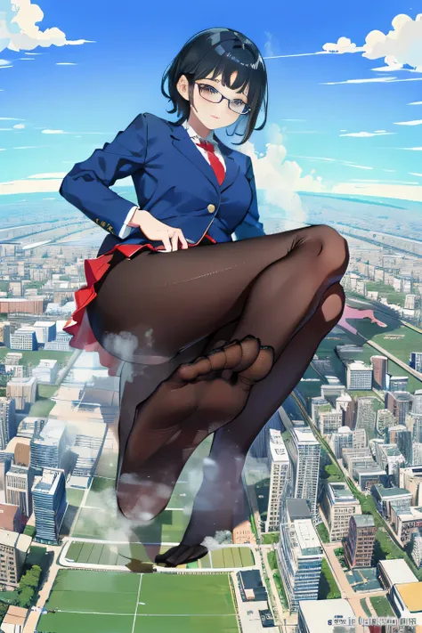 Giantの芸術, 非常に詳細なGiantショット, Giant, short hair, A high school girl who is much bigger than a skyscraper, wearing rimless glasses, big breasts, big ass, navy blazer, red tie, mini skirt, black pantyhose, pantyhose barefoot, Steam comes out from the soles of t...