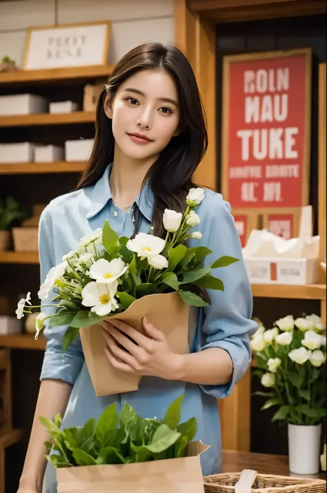 masterpiece, best quality, extremely detailed, hyperrealistic, photorealistic, a pretty woman working at flower shop:1.2, waving hand, perfect fingers, saying hi, looking at the viewer