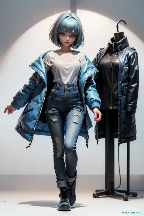 (1beautiful girl), (bright light blue hair),(bob cut hair:1.1), (blunt bangs), (half-closed eyes:1.05), (pastel light blue down jacket:1.2), 18 year old,  (white t-shirts), dungarees, futuristic cyberpunk style, standing, (just the Front view), (full body:...