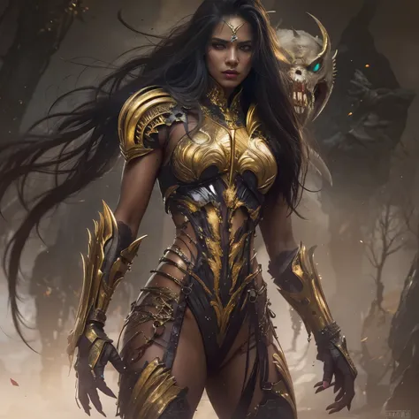 1 female alien, The predator, warrior, (extremely beautiful:1.2), (intense gaze:1.4), (predator:1.1), long dark claws, NSFW,  nipples, thick eyebrows, glowing and shining golden eyes, the most beautiful face in the universe, black hair,

A woman with an ex...