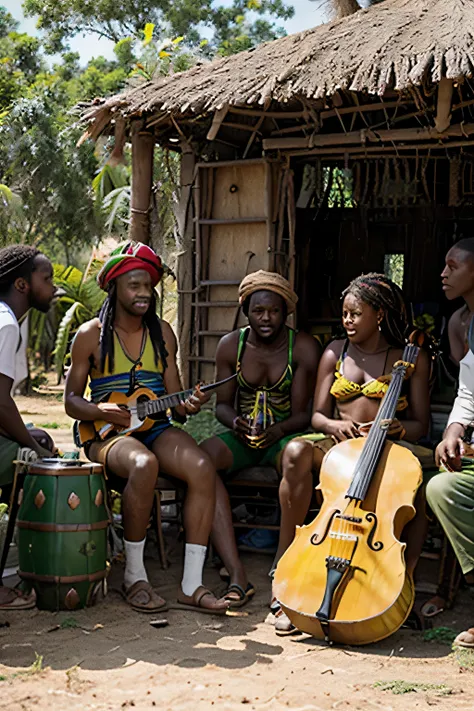 A group of Jamican Rastafarian farmers enjoying a reprieve from the fields are sitting around the outside of their huts making reggae music. The leader is on lead guitar. Second Rasta farmer plays the keyboard. Third farmer on a makeshift cello. Hyper real...