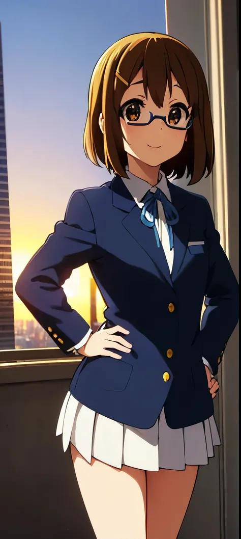 1girl, (((​masterpiece))), top-quality, top-quality, High Details, Hirasawa Yui, 1girl, Sakuragaoka High School Uniform, student clothes, two yellow hairpin, short hair, A brown-haired, brown-eyed, glasses, 独奏, reddish, Dark blue blazer with thin blue ribb...