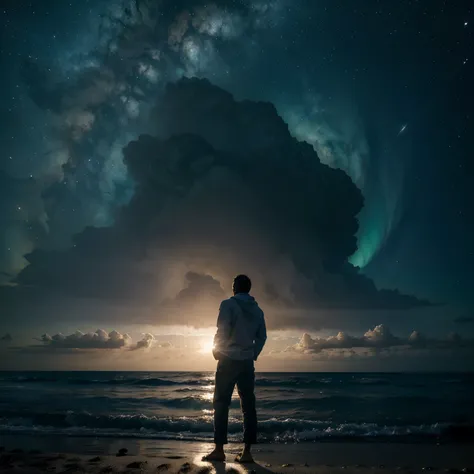 The picture is divided into a forest beach, with the sea visible in the picture, and the other part is a space with a nebula in the middle, and a man with a deep and wise head who knows the meaning of life.