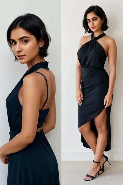 instagram photo, 21yo french woman, short hair, black hair, closeup portrait,  pale, hard shadow, indian version , realistic face , hair litle bit long and realistic , wear An elegant high-low hem dress in a striking cobalt blue, combining sophistication w...