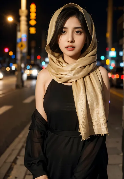 (((desi arabic girl))), chubby face, natural skin, wearing hot deep neck top and dupatta, charming black hair, ((hair ends are blonde)), city streets background, bokeh