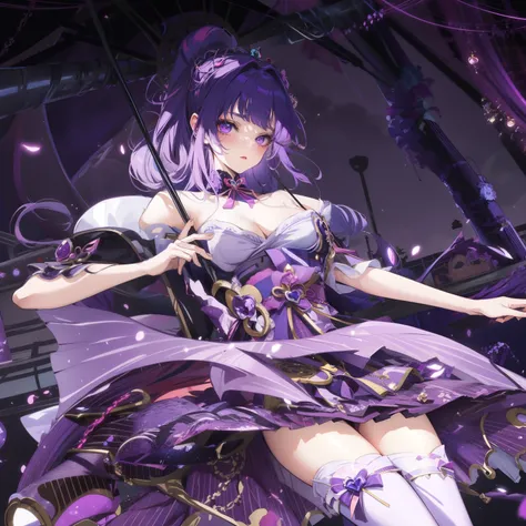 Anime girl in purple skirt holding umbrella in dark room, Moon themed clothing, fantasy costumes, rococo cyberpunk, Elegant Gothic Princess, black and purple clothing, gothic shoujo anime girl, Astral Witch Clothes, lolita fashion, ((beautiful fantasy quee...