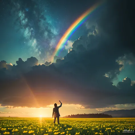 wide々landscape photography , (View from below showing the sky above and open fields below), A traveler standing in a field of chamomile flowers and looking up, starry sky like peridot (cloud:1.2), distant mountain, Tree BREAK production art, lots of blue a...