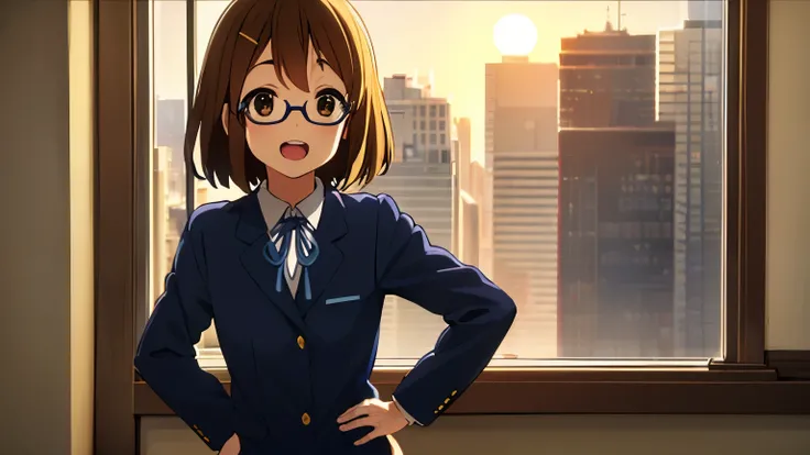 1girl, (((​masterpiece))), top-quality, top-quality, High Details, Hirasawa Yui, 1girl, Indonesian High School Uniform, student clothes, two yellow hairpin, short hair, A brown-haired, brown-eyed, glasses, 独奏, reddish, Dark blue blazer with thin blue ribbo...