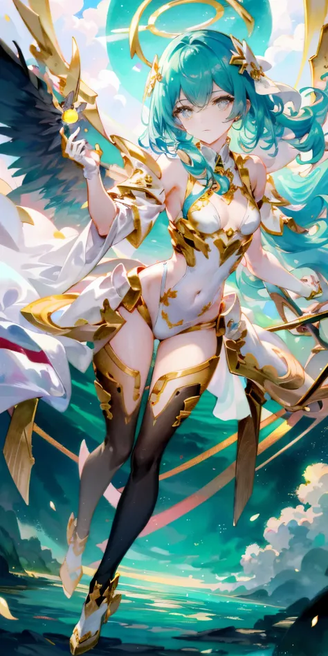 Anime star magic girl, magic , anime goddess, Wear a tailored dress, (((looking at camera)), There is a halo floating above the head, wings spread, facial details, Halo and wings detail, detailed art, pastel colors, Natural light, View from the front, ultr...