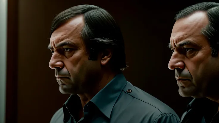 RAW photo in sequence, uma imagem de Anton Chigurh, ((serious and calm profile)), olhos penetrantes, vestindo uma camisa cinza escura, luz natural, low saturation, textura grainy, Boquim raspado, Fujifilm X100V, Foto Realista, Foto Profissional, Personagem...