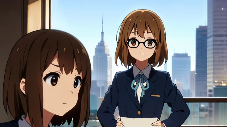 1girl, (((​masterpiece))), top-quality, top-quality, High Details, Hirasawa Yui, 1girl, Sakuragaoka High School Uniform, student clothes, two yellow hairpin, short hair, A brown-haired, brown-eyed, glasses, 独奏, reddish, Dark blue blazer with thin blue ribb...