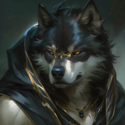 black cloak, ruan jia, pino deheni, black gem, stupid dog, male wolf muscles, (detailed face), (delicate and lovely skin), elega...